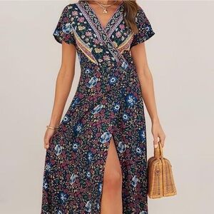 Zesica Blue and Black Ruffled Wrap Maxi Dress